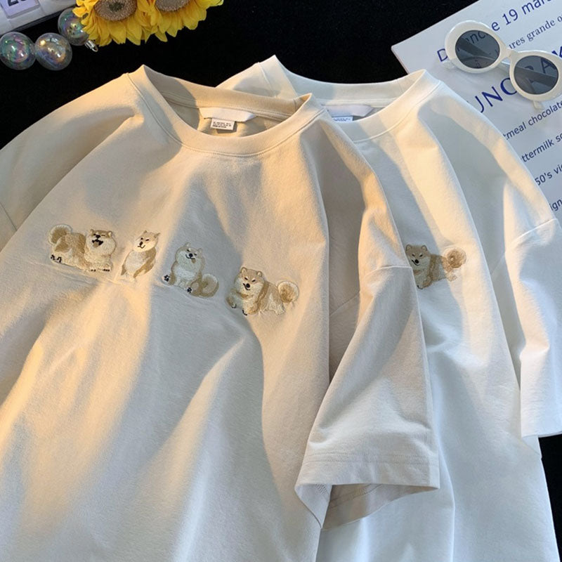 Japanese Vintage Dog Embroidery T-Shirt