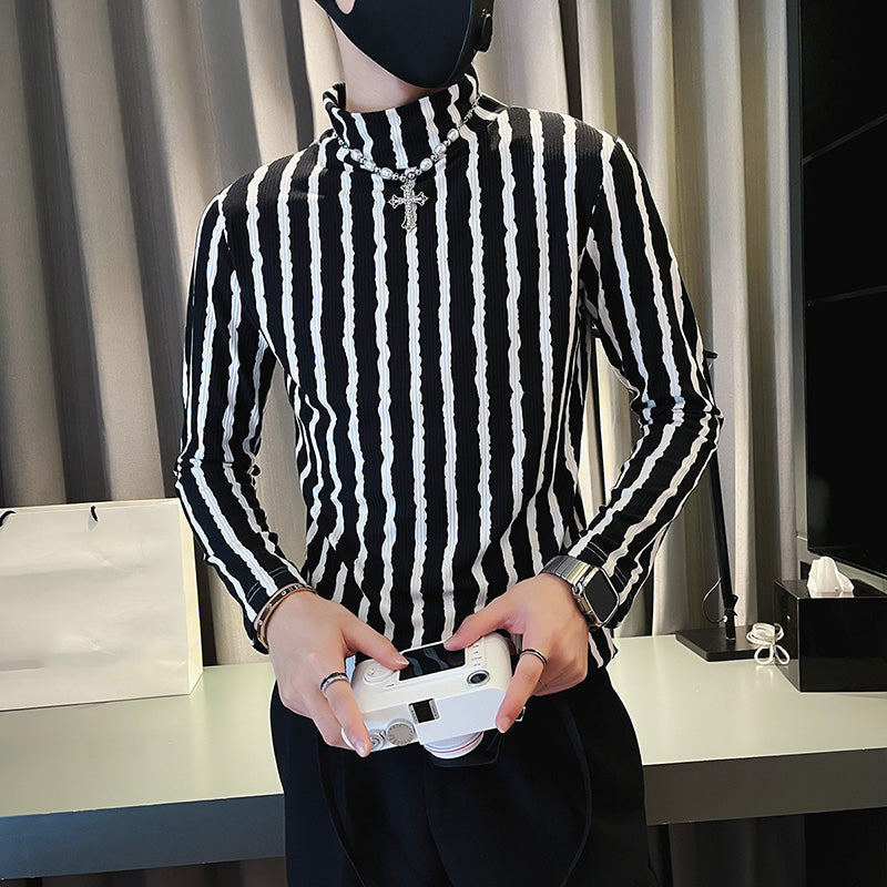 Men's Half Turtleneck Long-sleeved Striped Bottoming T-shirt