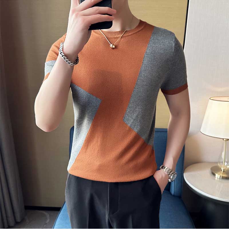 Men's British Business Slim Round Neck Color Matching Knit Half Sleeve T-Shirt