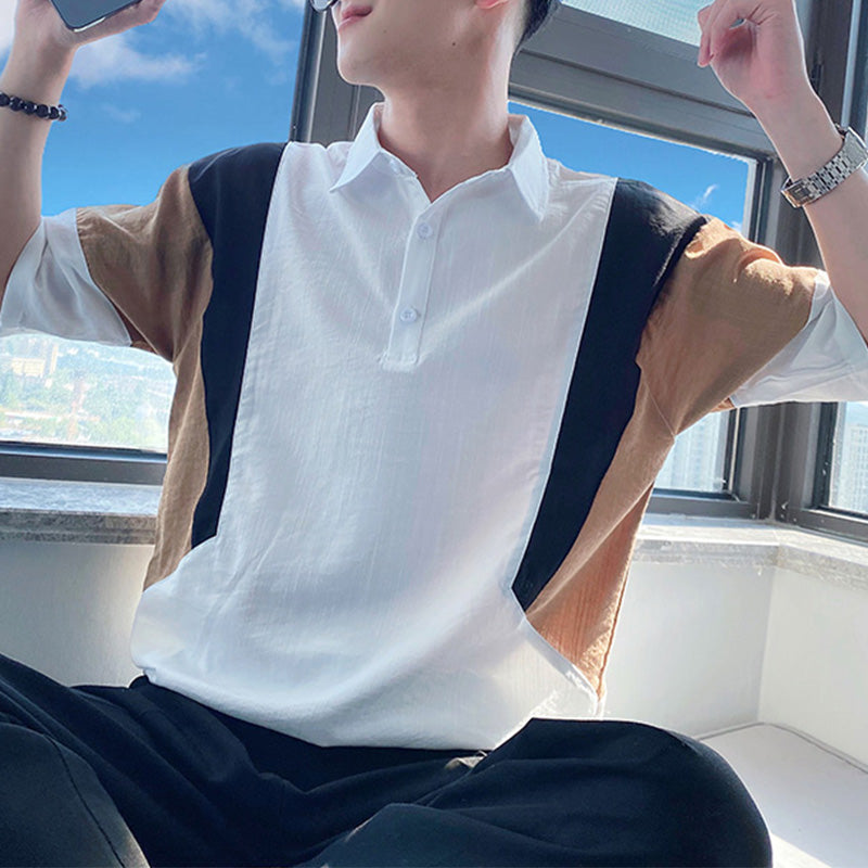 Men's Stitching Color Contrast Lapel Short Sleeve T-Shirt