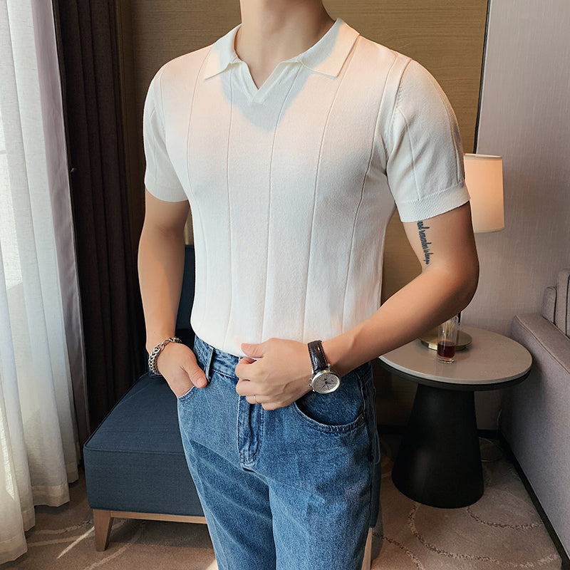 Men's Summer Business V-neck Knitted POLO T-shirt