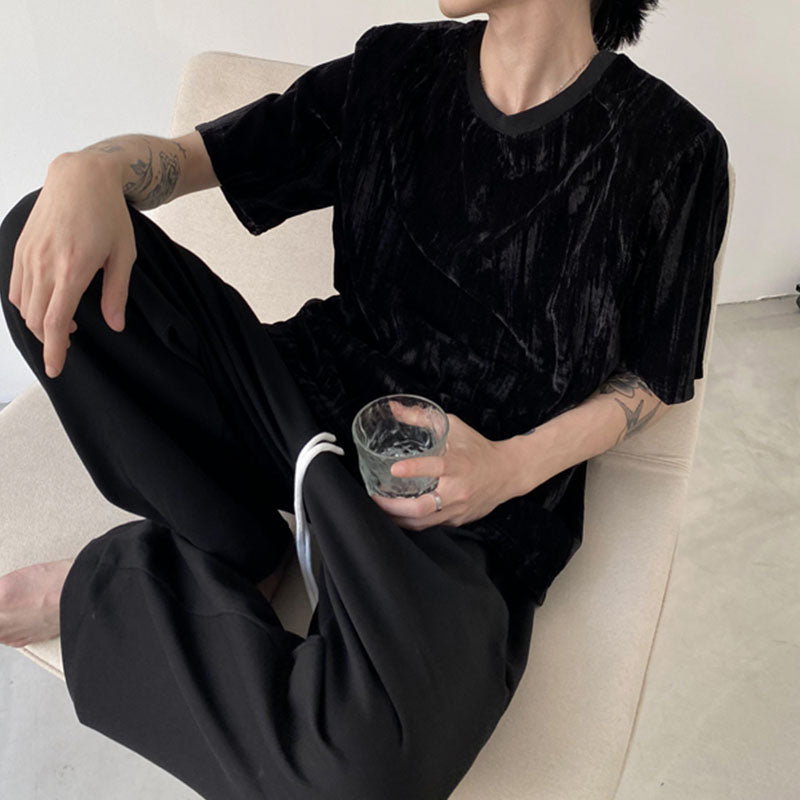 Men's Crinkled Velvet Oversized Padded T-Shirt