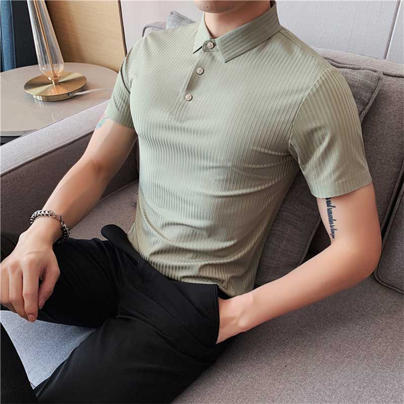 Polo Shirt Solid Color Striped Ice Silk Drape Lapel Half-sleeved Men's Summer Slim Business T-shirt